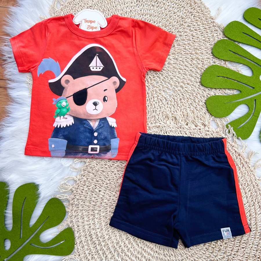  Conj. Camiseta Ursinho Pirata e Bermuda - Laranja e Marinho
